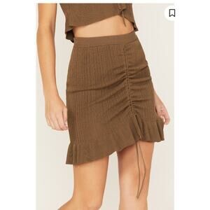 SHYANNE WESTERN WEAR Brown Ribbed Knit Ruffle Front Cinch Mini Skirt XXL Rodeo